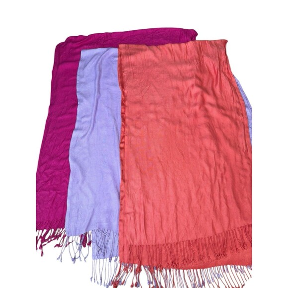Lot Of 3 Cashmere Pashmina Light wt Scarf Wrap Shawl Fringe Pink Purple Coral - Picture 2 of 4